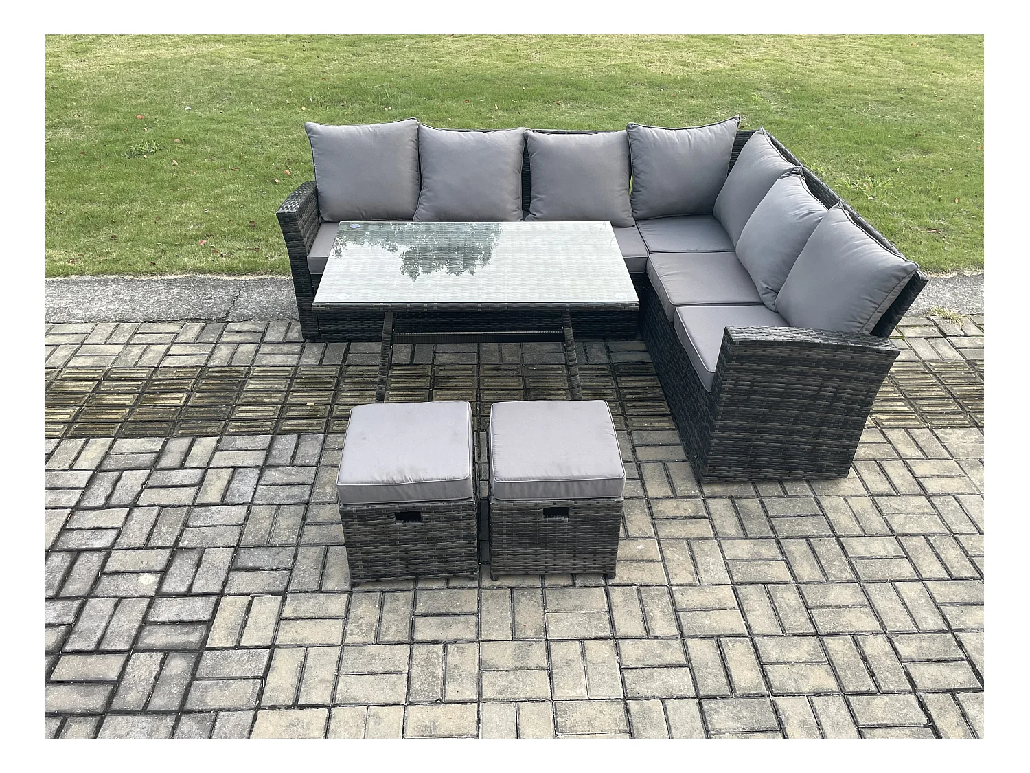 Garten Lounge Set Polyrattan Gartenmöbel Set Rechteckiger Esstisch mit Temper Glass 2 kleine Fußhockern Dunkelgrau Gemischt