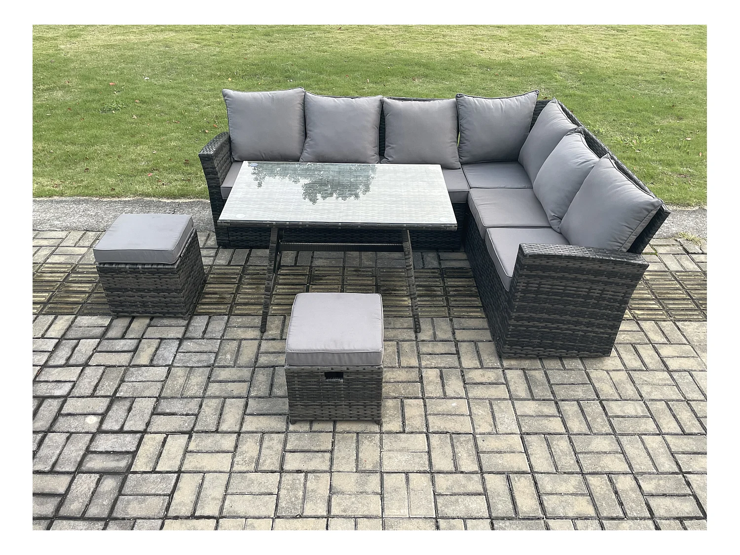 Garten Lounge Set Polyrattan Gartenmöbel Set Rechteckiger Esstisch mit Temper Glass 2 kleine Fußhockern Dunkelgrau Gemischt