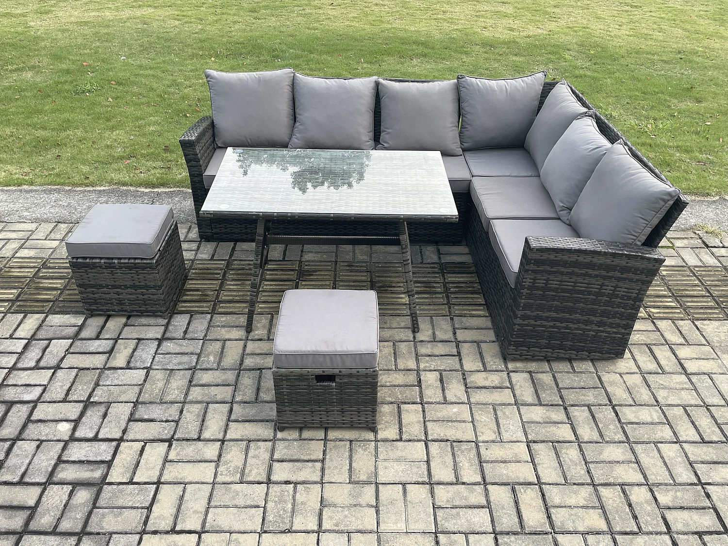 Garten Lounge Set Polyrattan Gartenmöbel Set Rechteckiger Esstisch mit Temper Glass 2 kleine Fußhockern Dunkelgrau Gemischt
