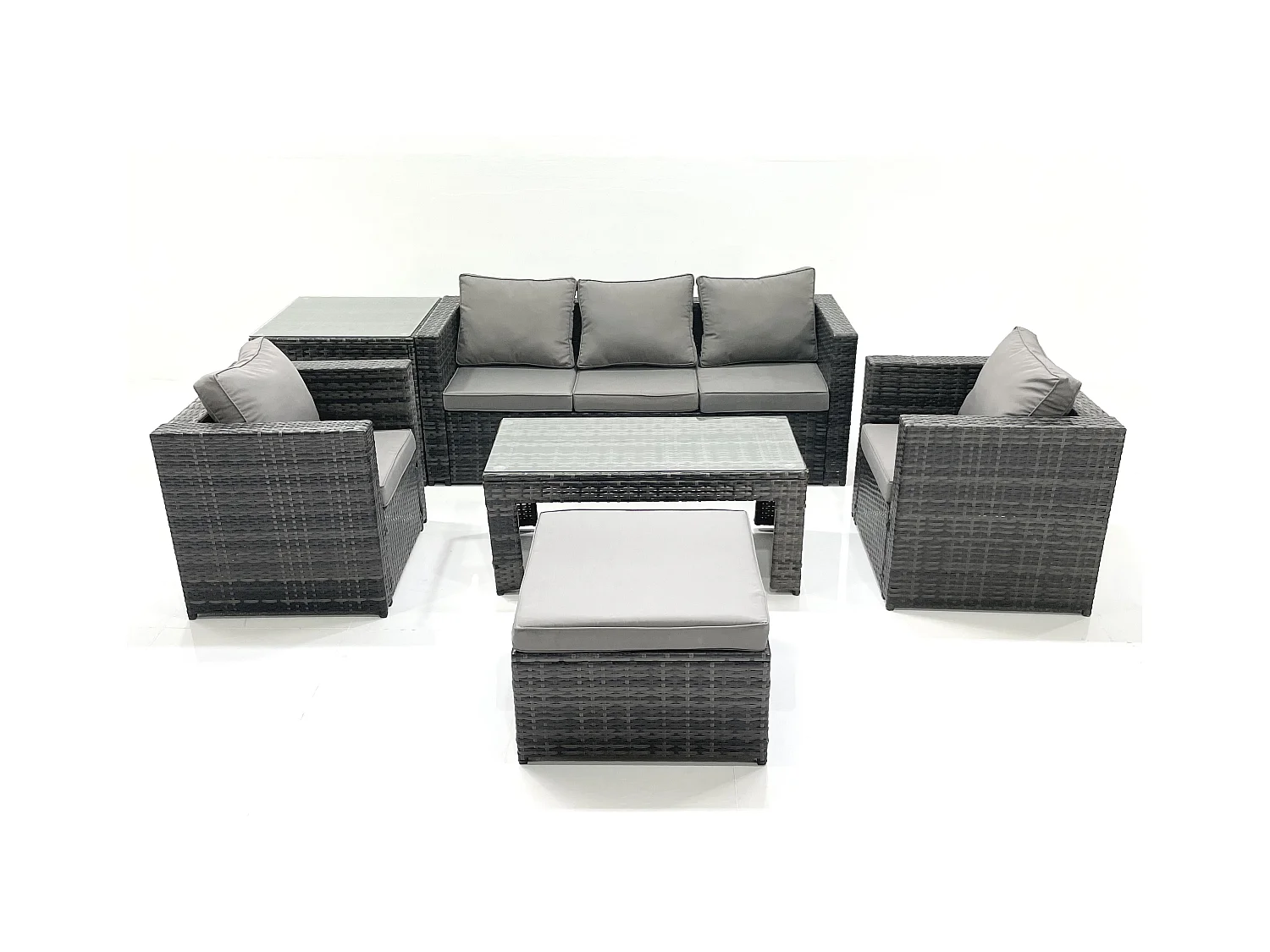 Salon de jardin Ensemble de canapés en rotin avec Table basse 2 Fauteuil Grand tabouret Table d'appoint Gris foncé mixte