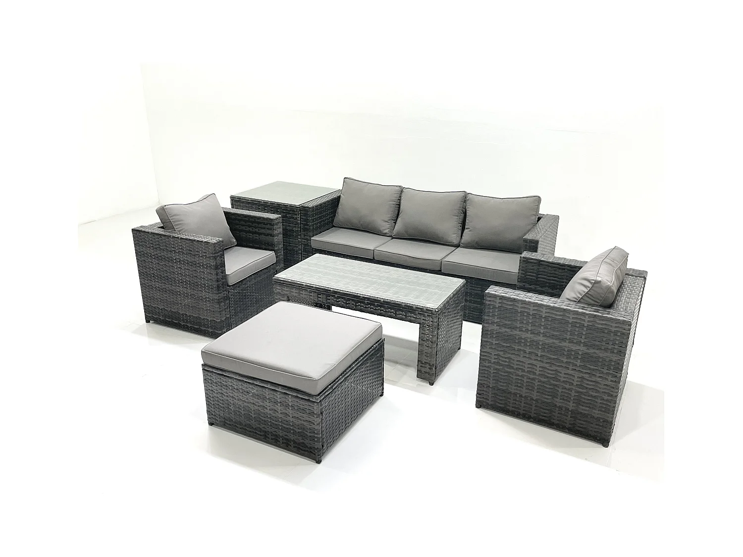 Salon de jardin Ensemble de canapés en rotin avec Table basse 2 Fauteuil Grand tabouret Table d'appoint Gris foncé mixte