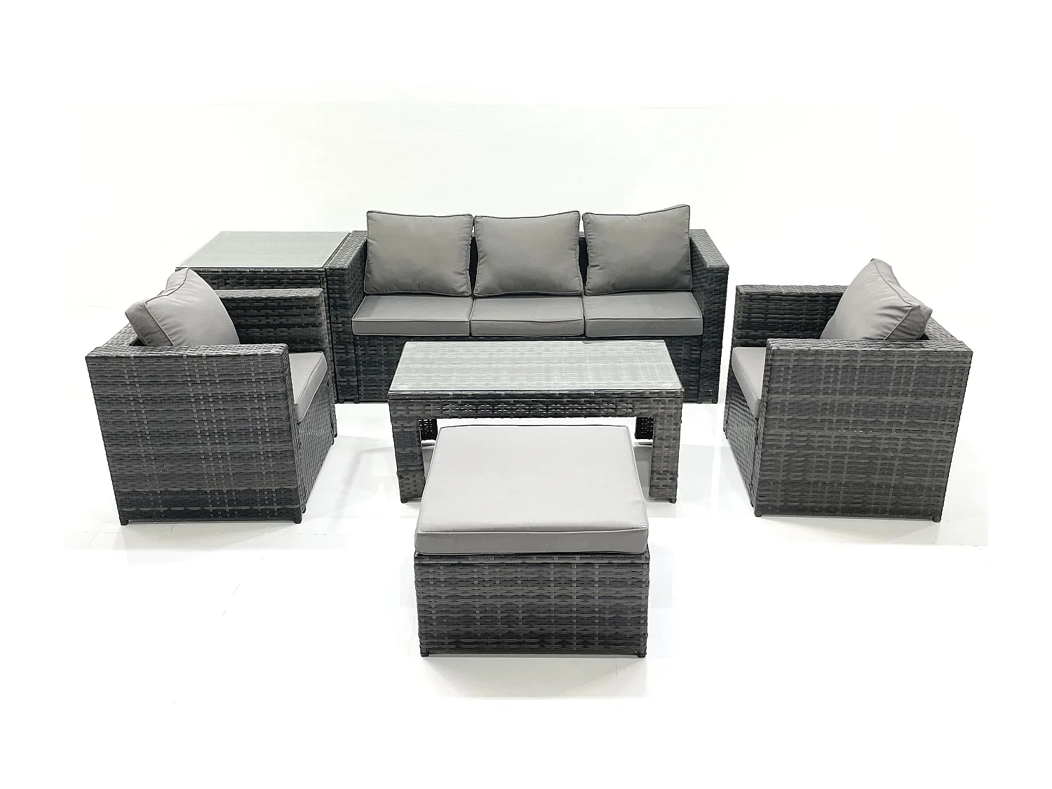 Fimous Rattan Garden Furniture Set Outdoor Lounger Sofa with Coffee Table 2 Armchair Big Footstool Side Table Dark Grey Mixed