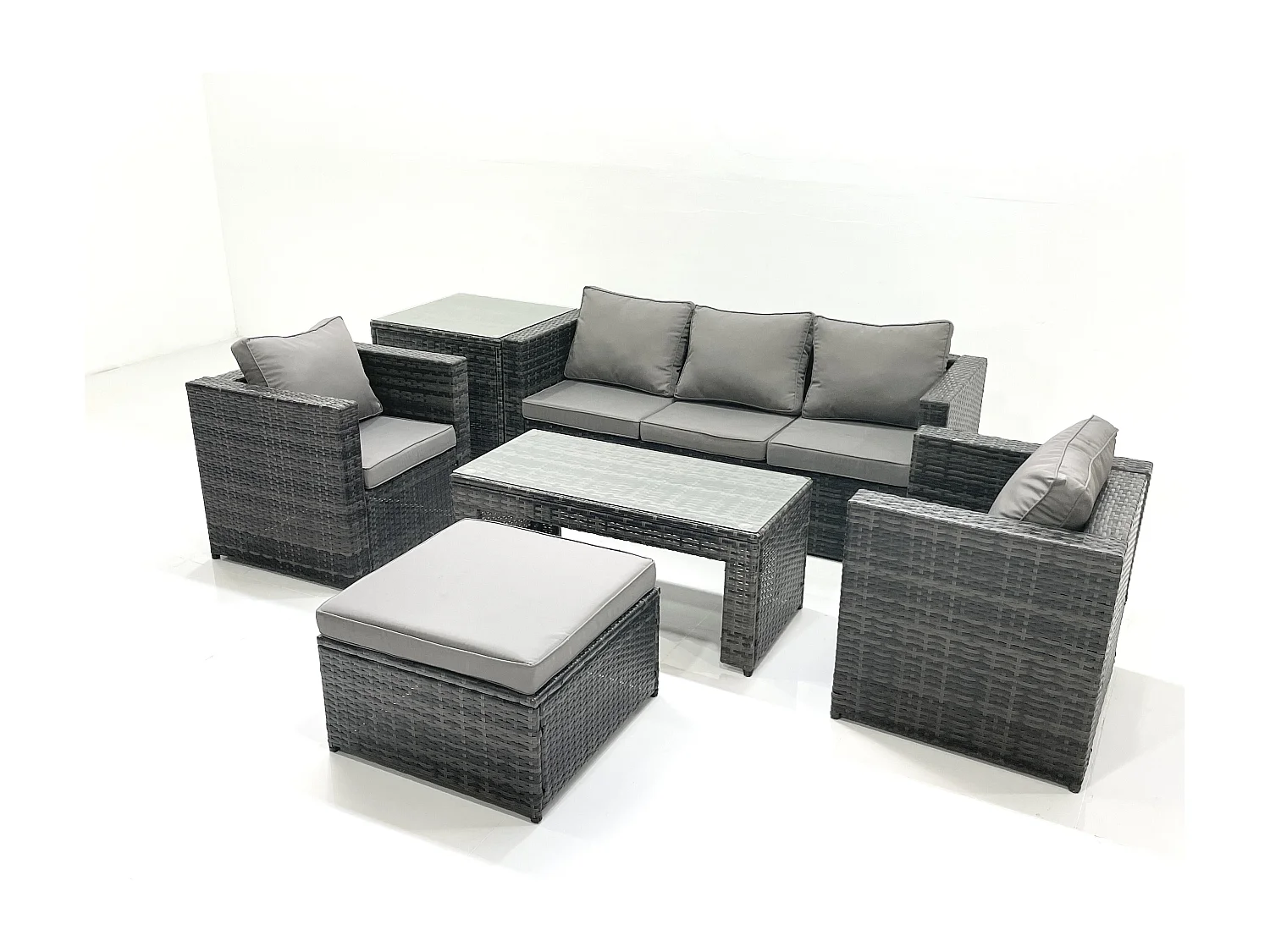 Fimous Rattan Garden Furniture Set Outdoor Lounger Sofa with Coffee Table 2 Armchair Big Footstool Side Table Dark Grey Mixed