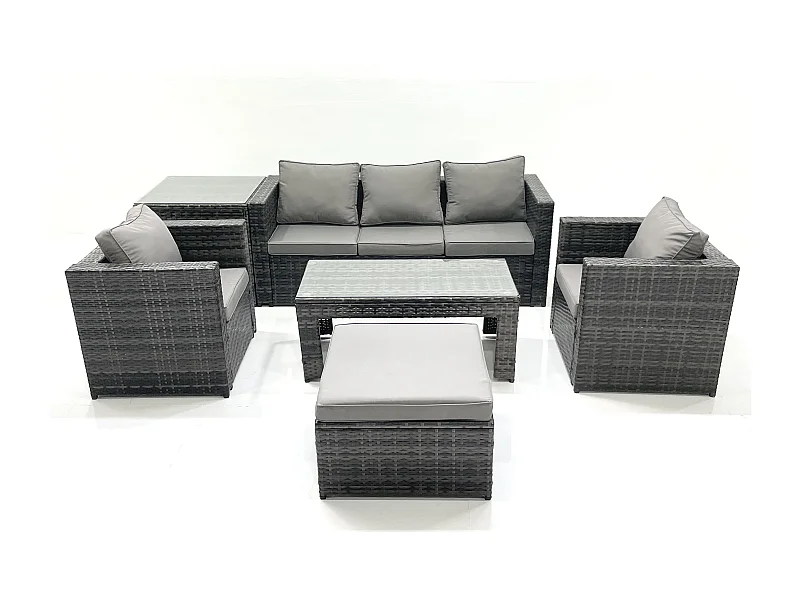 Salon de jardin Ensemble de canapés en rotin avec Table basse 2 Fauteuil Grand tabouret Table d'appoint Gris foncé mixte