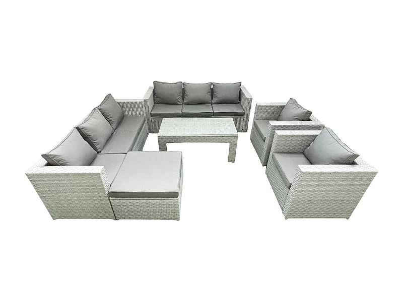 Ensembles de meubles d'extérieur avec 2 Fauteuil Table basse oblongue Grand tabouret Gris clair mixte