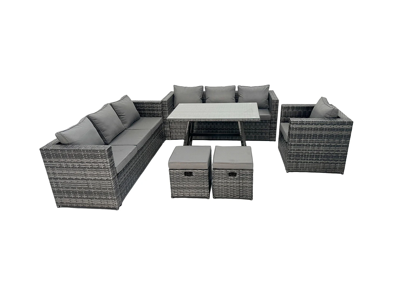 9-Sitzer Polyrattan Garten Esstisch Set Gartenmöbel Sofa mit Patio Sessel 2 Kleiner Hockern Dunkelgrau Gemischt