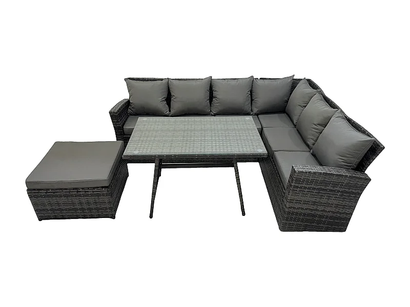 Gartenmöbel-Set Rattan Ecksofa Esstisch Set mit 2 Großer Hockern 7-Sitzer Dunkelgrau Gemischt