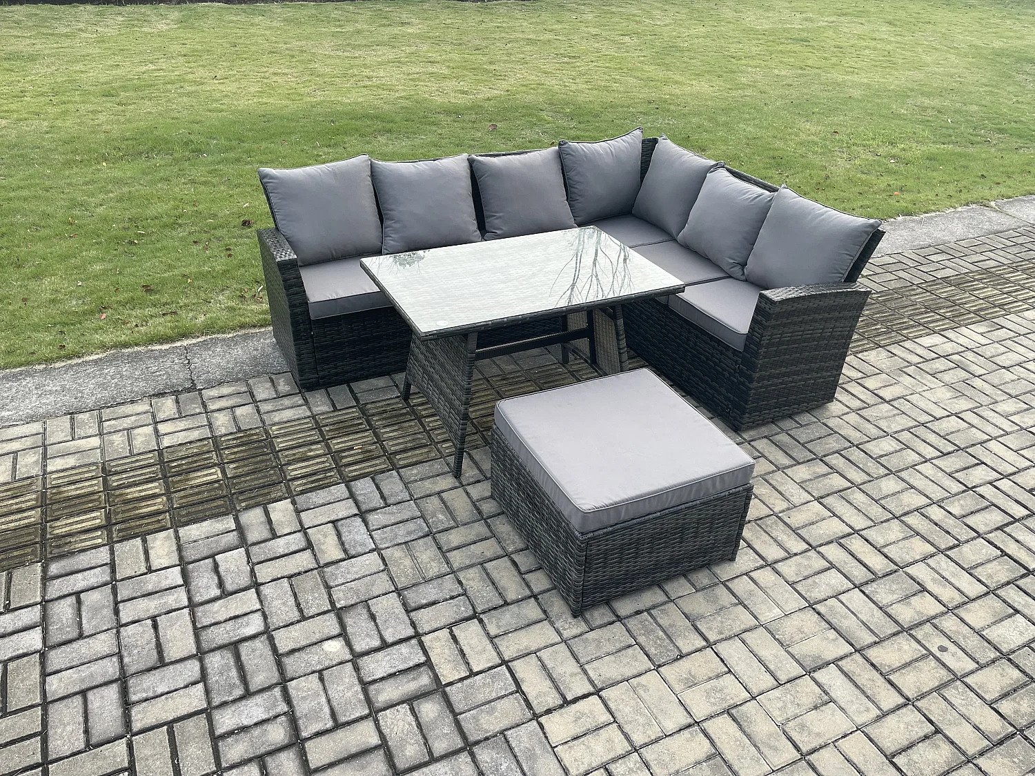Gartenmöbel-Set Rattan Ecksofa Esstisch Set mit 2 Großer Hockern 7-Sitzer Dunkelgrau Gemischt