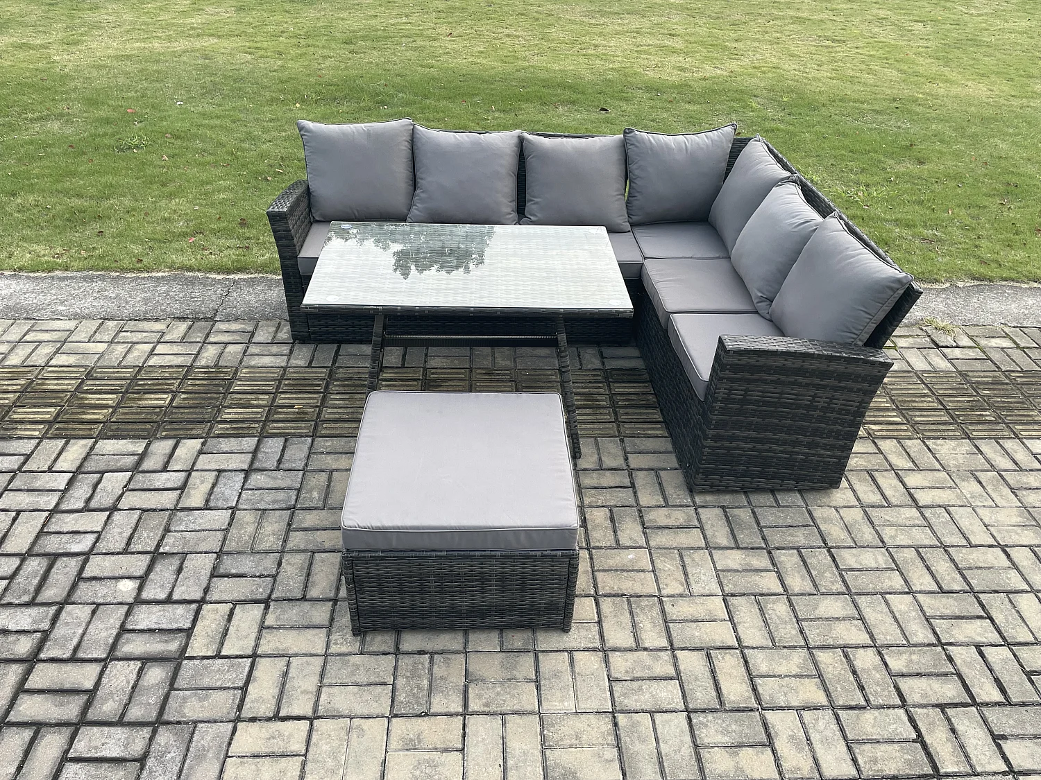 Gartenmöbel-Set Rattan Ecksofa Esstisch Set mit 2 Großer Hockern 7-Sitzer Dunkelgrau Gemischt