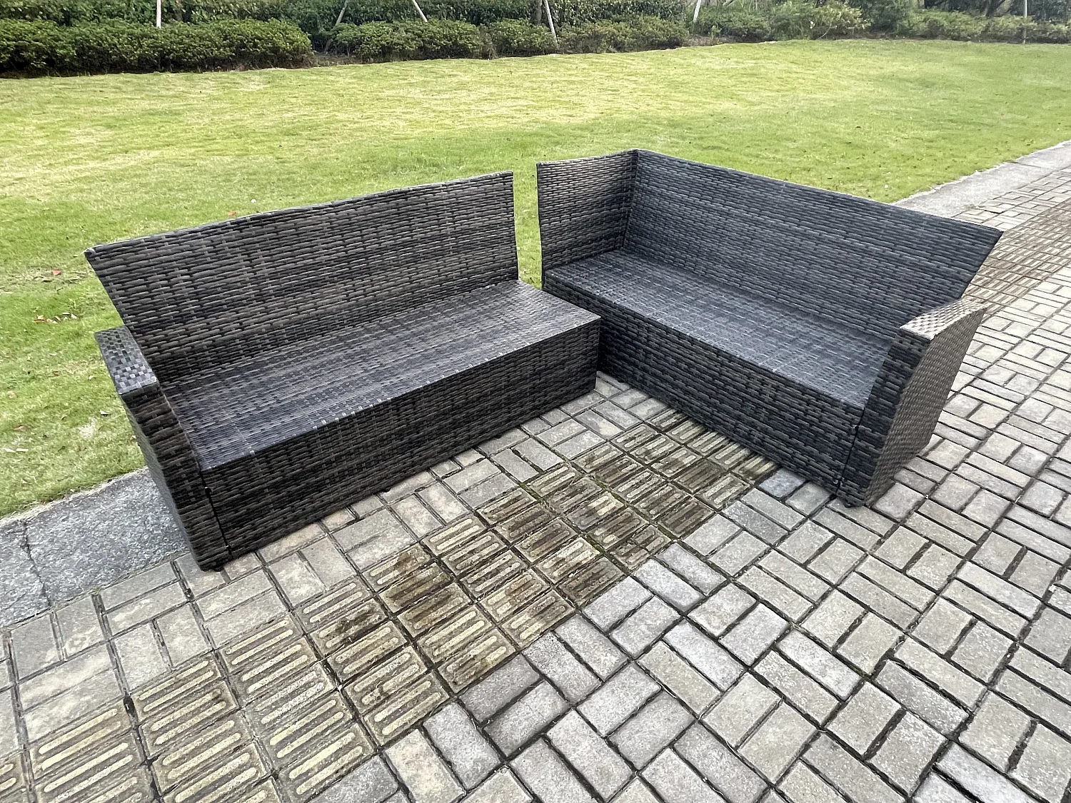 Gartenmöbel-Set Rattan Ecksofa Esstisch Set mit 2 Großer Hockern 7-Sitzer Dunkelgrau Gemischt