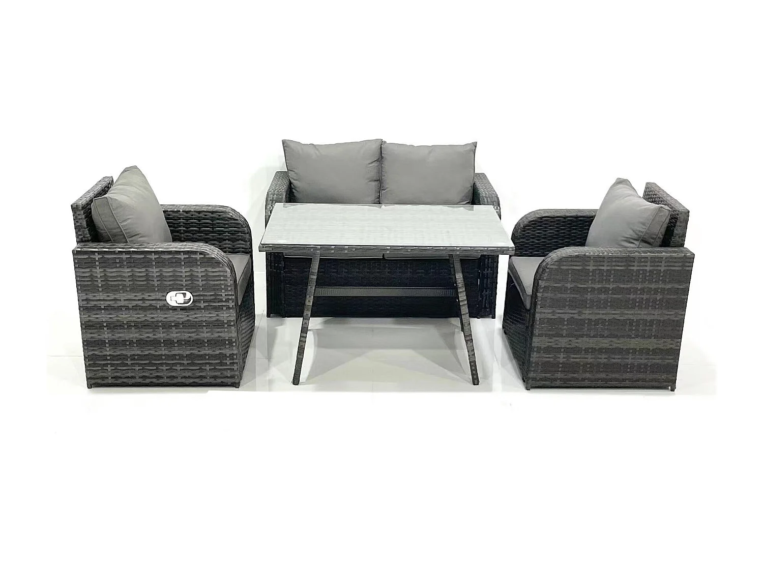 Fimous Outdoor Garden Furniture Set Rattan Sofa Dining Table Set with Reclining Chair Dark Grey Mixed