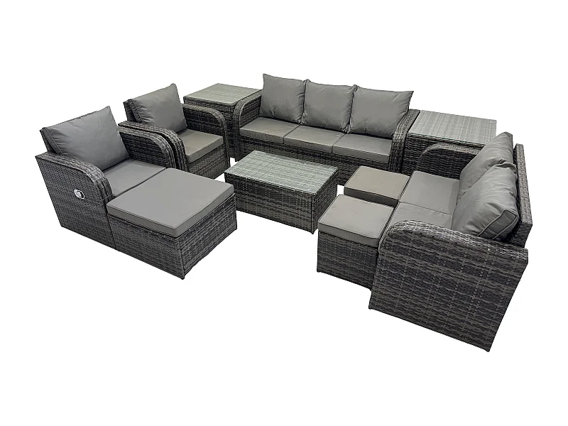 Rattan Gartenmöbel Set im Balkon 10-Sitzer Garten Sofa Set mit Rechteckiger Couchtisch Liegestühle Loveseat Sofa 2 Beistelltischen 3 Hockern