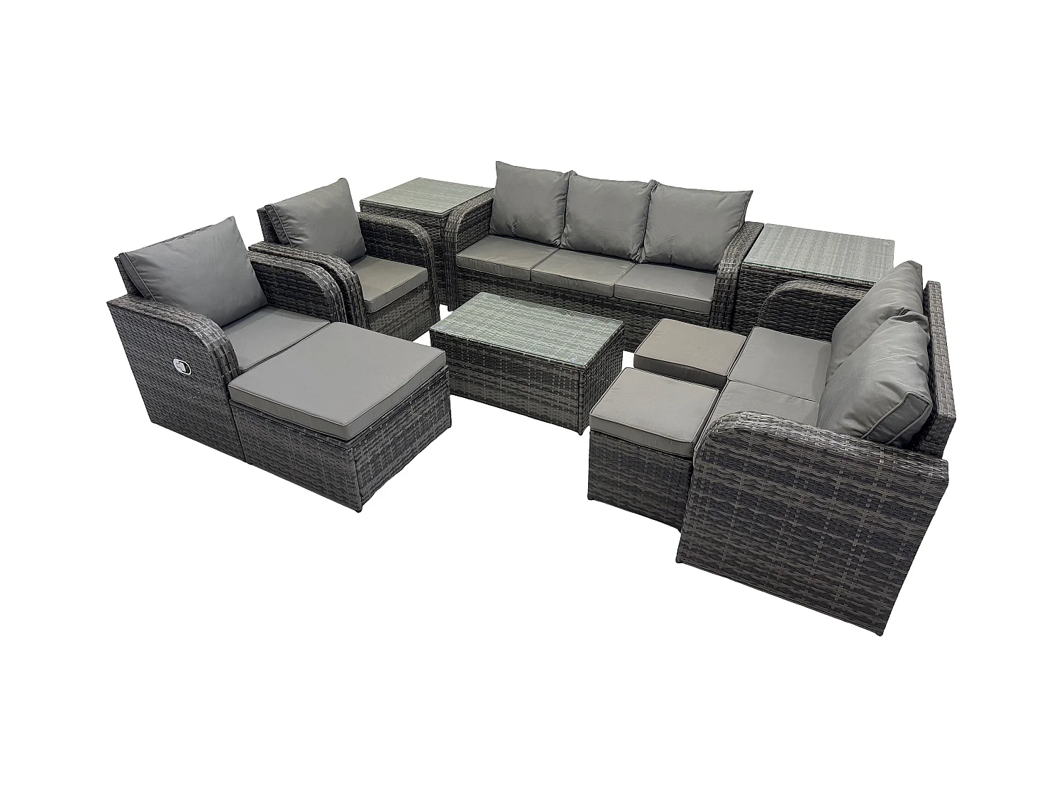 Rattan Gartenmöbel Set im Balkon 10-Sitzer Garten Sofa Set mit Rechteckiger Couchtisch Liegestühle Loveseat Sofa 2 Beistelltischen 3 Hockern