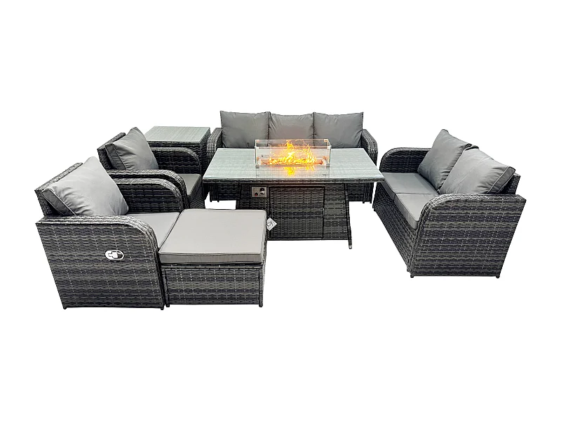 Polyrattan Gartenmöbelset Gasfeuerstelle Esstisch und Sofa Sessel set mit Beistelltisch 2 Großer Hockern