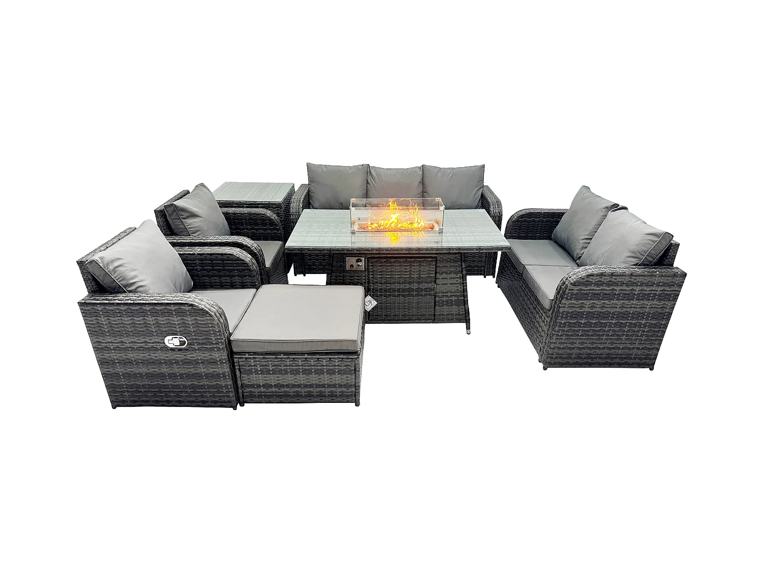 Polyrattan Gartenmöbelset Gasfeuerstelle Esstisch und Sofa Sessel set mit Beistelltisch 2 Großer Hockern