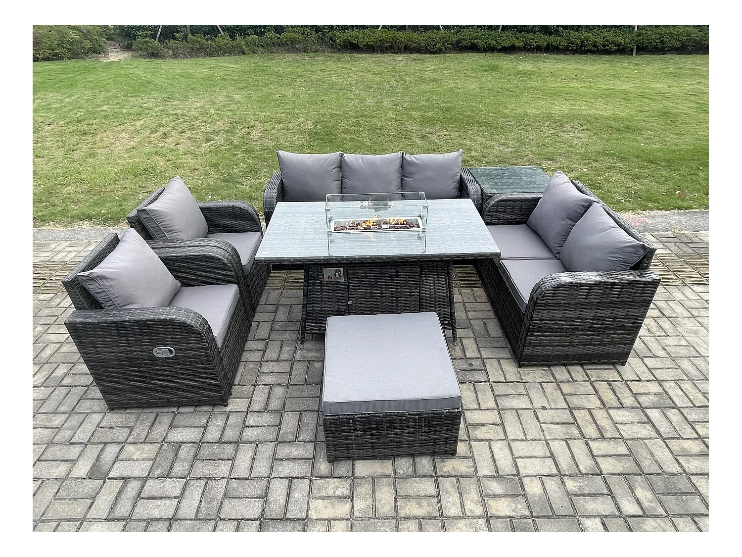 Polyrattan Gartenmöbelset Gasfeuerstelle Esstisch und Sofa Sessel set mit Beistelltisch 2 Großer Hockern