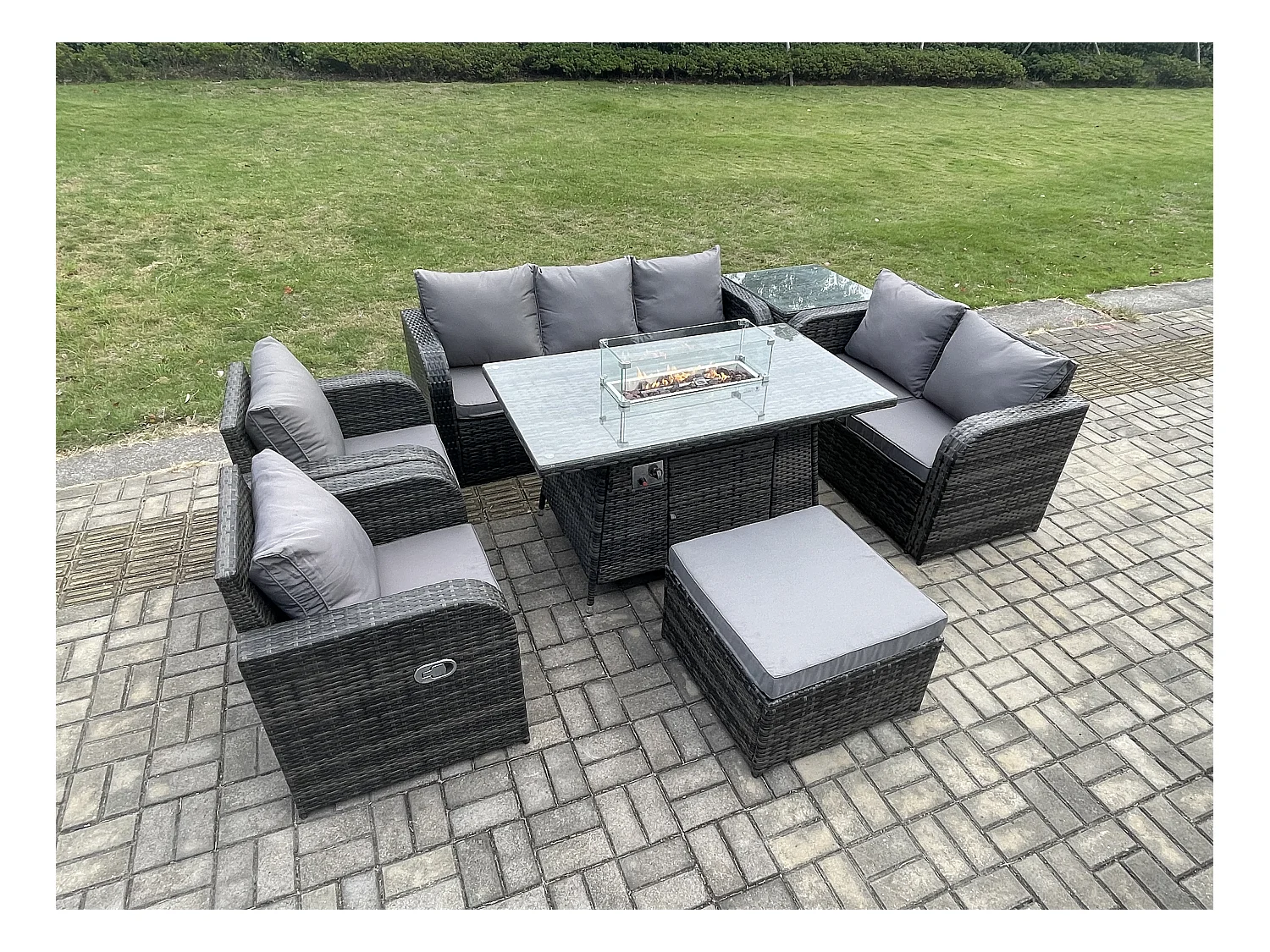 Polyrattan Gartenmöbelset Gasfeuerstelle Esstisch und Sofa Sessel set mit Beistelltisch 2 Großer Hockern