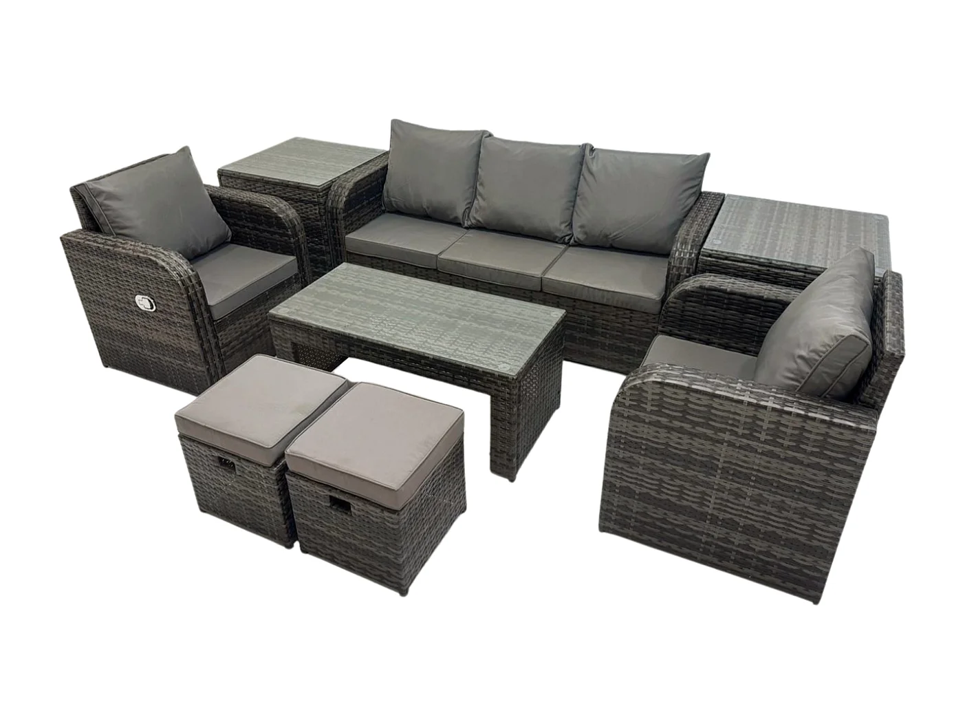 7 PC Polyrattan Gartenmöbel Set mit Rechteckiger Couchtisch Beistelltisch 2 kleine Fußhockern Patio Outdoor Rattansofa-Set