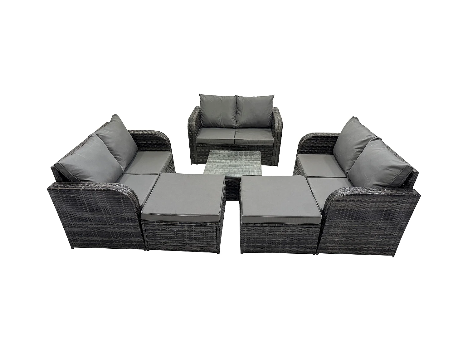 8-Sitzer Hoher Rücken Polyrattan Gartenmöbel Set mit Quadratischer Couchtisch 2 hohen Hockern Love Sofa Garten Lounge Set Dunkelgrau Gemischt