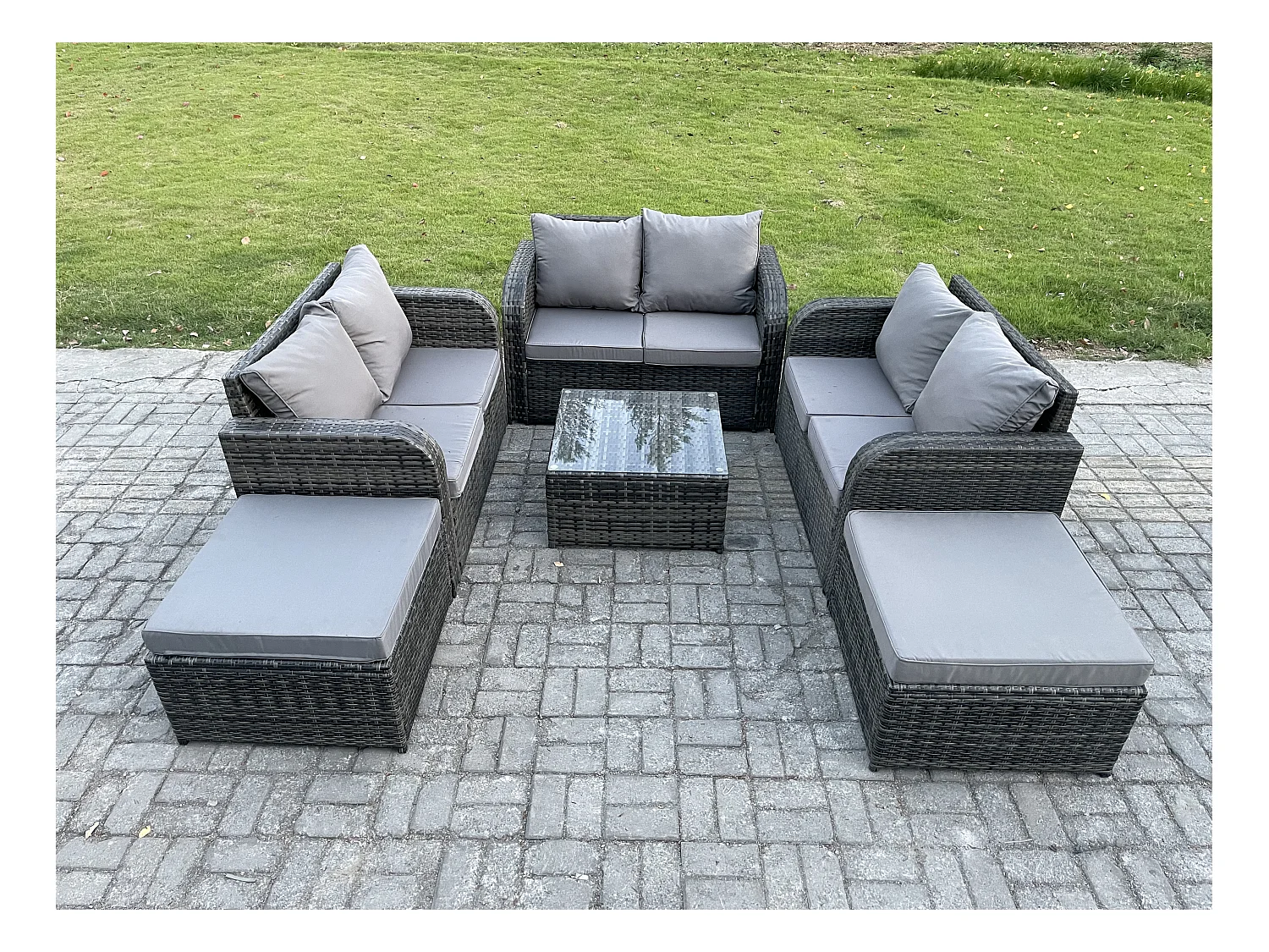 8-Sitzer Hoher Rücken Polyrattan Gartenmöbel Set mit Quadratischer Couchtisch 2 hohen Hockern Love Sofa Garten Lounge Set Dunkelgrau Gemischt