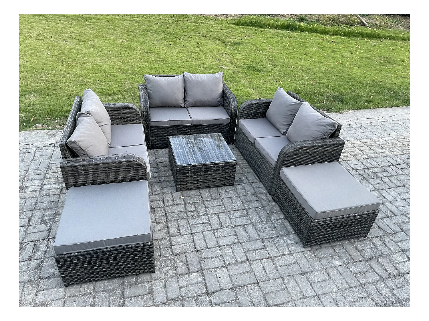 8-Sitzer Hoher Rücken Polyrattan Gartenmöbel Set mit Quadratischer Couchtisch 2 hohen Hockern Love Sofa Garten Lounge Set Dunkelgrau Gemischt