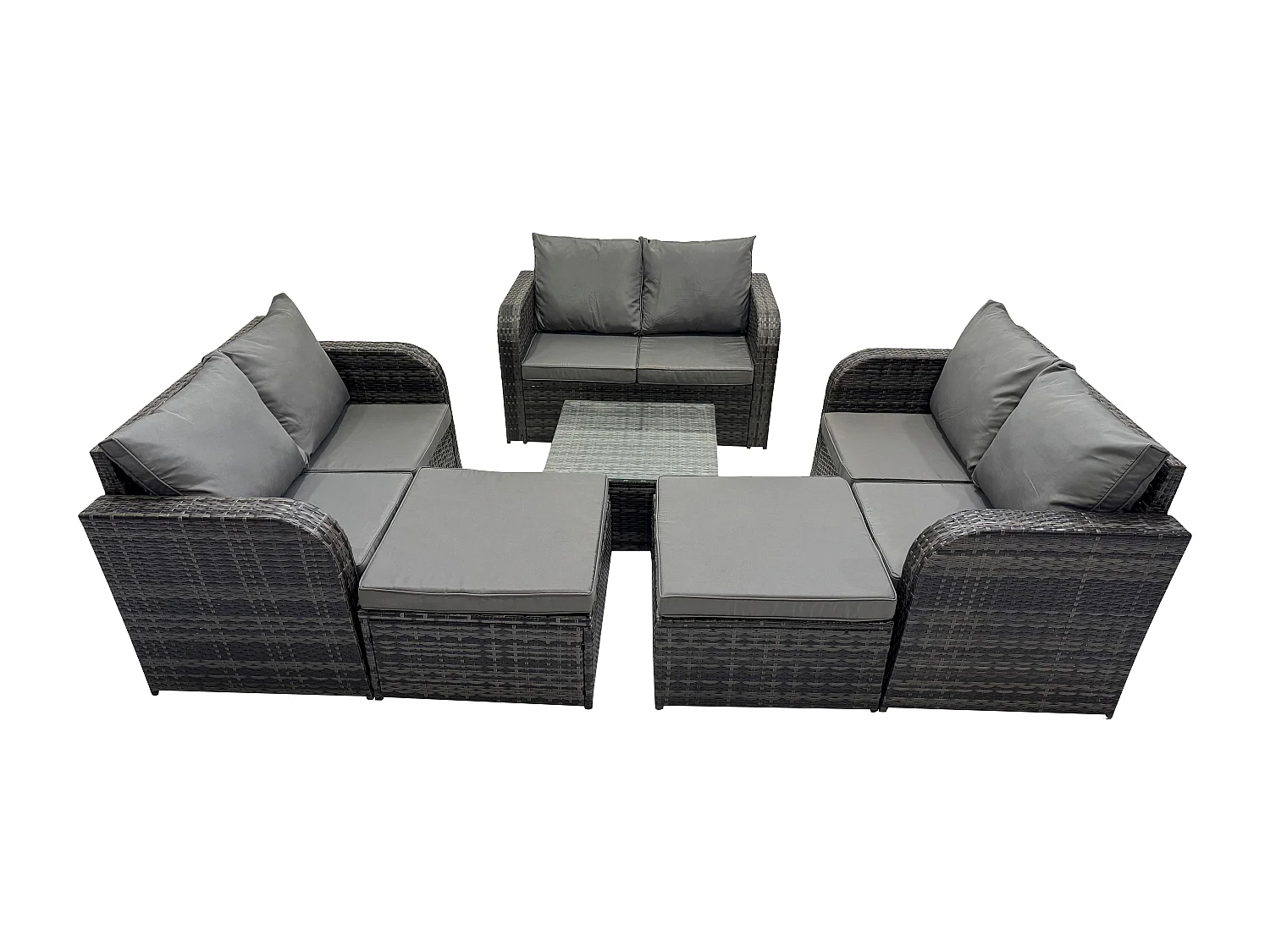 8-Sitzer Hoher Rücken Polyrattan Gartenmöbel Set mit Quadratischer Couchtisch 2 hohen Hockern Love Sofa Garten Lounge Set Dunkelgrau Gemischt