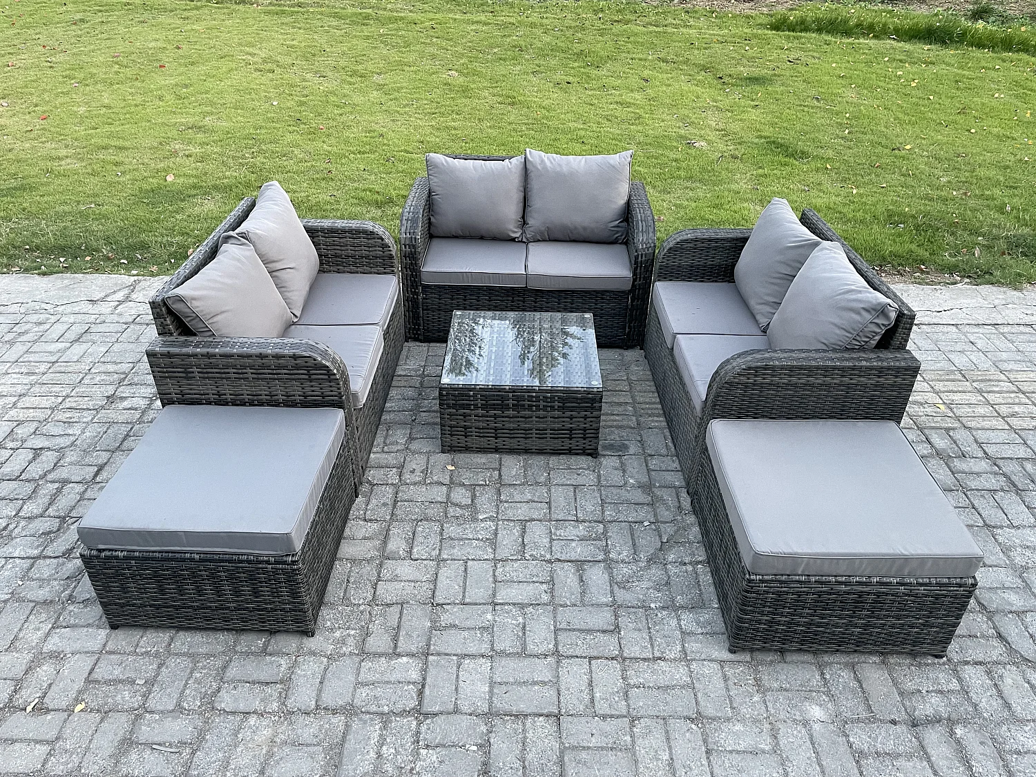 8-Sitzer Hoher Rücken Polyrattan Gartenmöbel Set mit Quadratischer Couchtisch 2 hohen Hockern Love Sofa Garten Lounge Set Dunkelgrau Gemischt