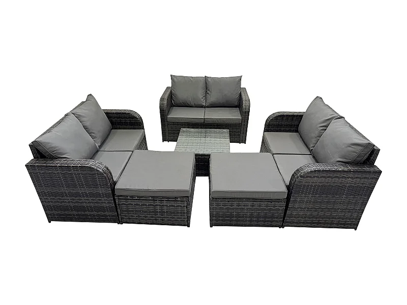 8-Sitzer Hoher Rücken Polyrattan Gartenmöbel Set mit Quadratischer Couchtisch 2 hohen Hockern Love Sofa Garten Lounge Set Dunkelgrau Gemischt