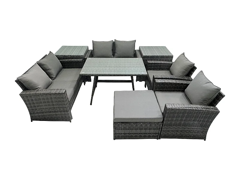 Polyrattan Gartenmöbel Set Polyrattan Garten Sofa im Freien Set mit Rechteckiger Esstisch Doppelsitz Sofa 2 Beistelltischen 2 Großer Hockern Dunkelgrau Gemischt