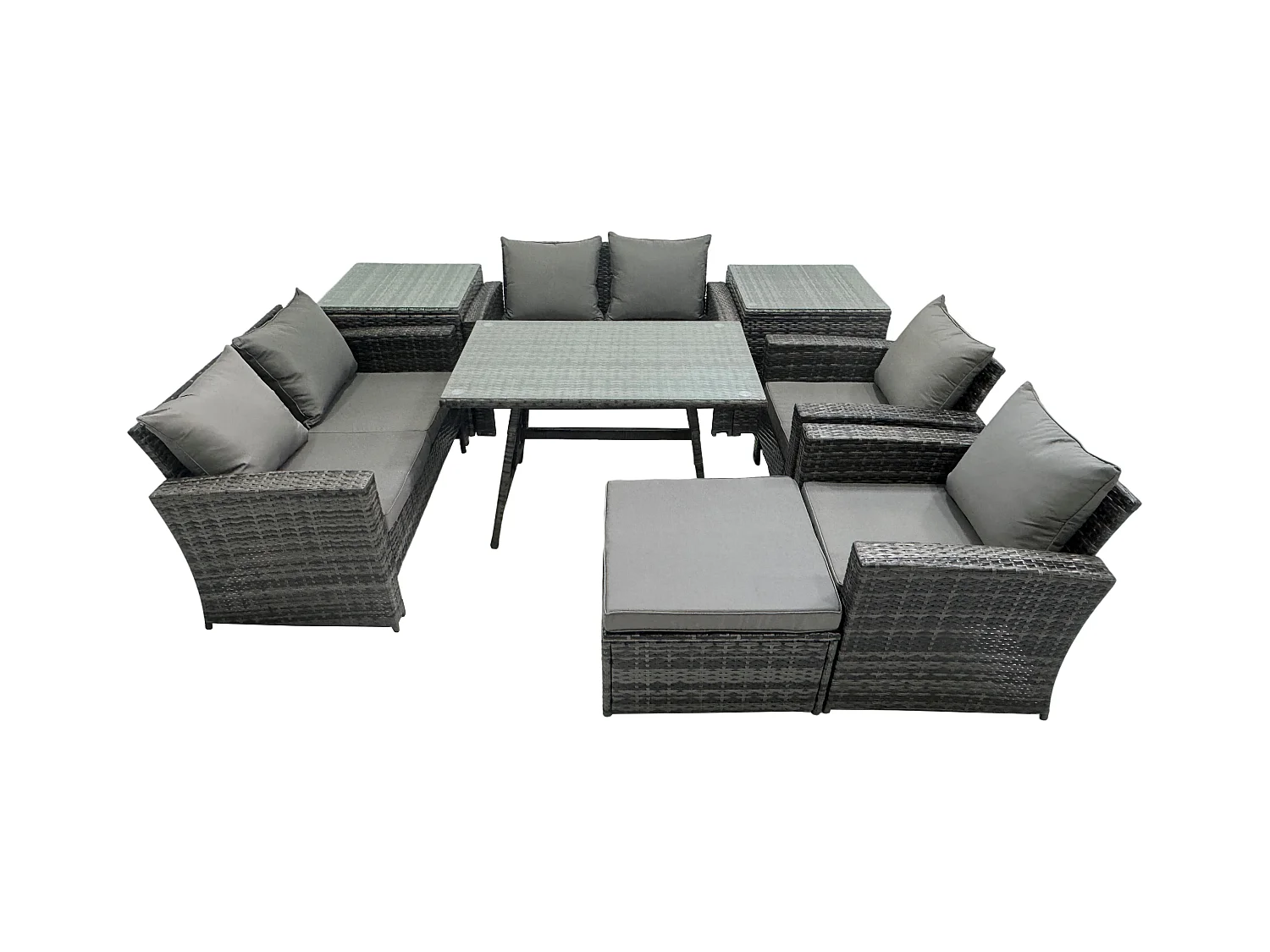 Polyrattan Gartenmöbel Set Polyrattan Garten Sofa im Freien Set mit Rechteckiger Esstisch Doppelsitz Sofa 2 Beistelltischen 2 Großer Hockern Dunkelgrau Gemischt