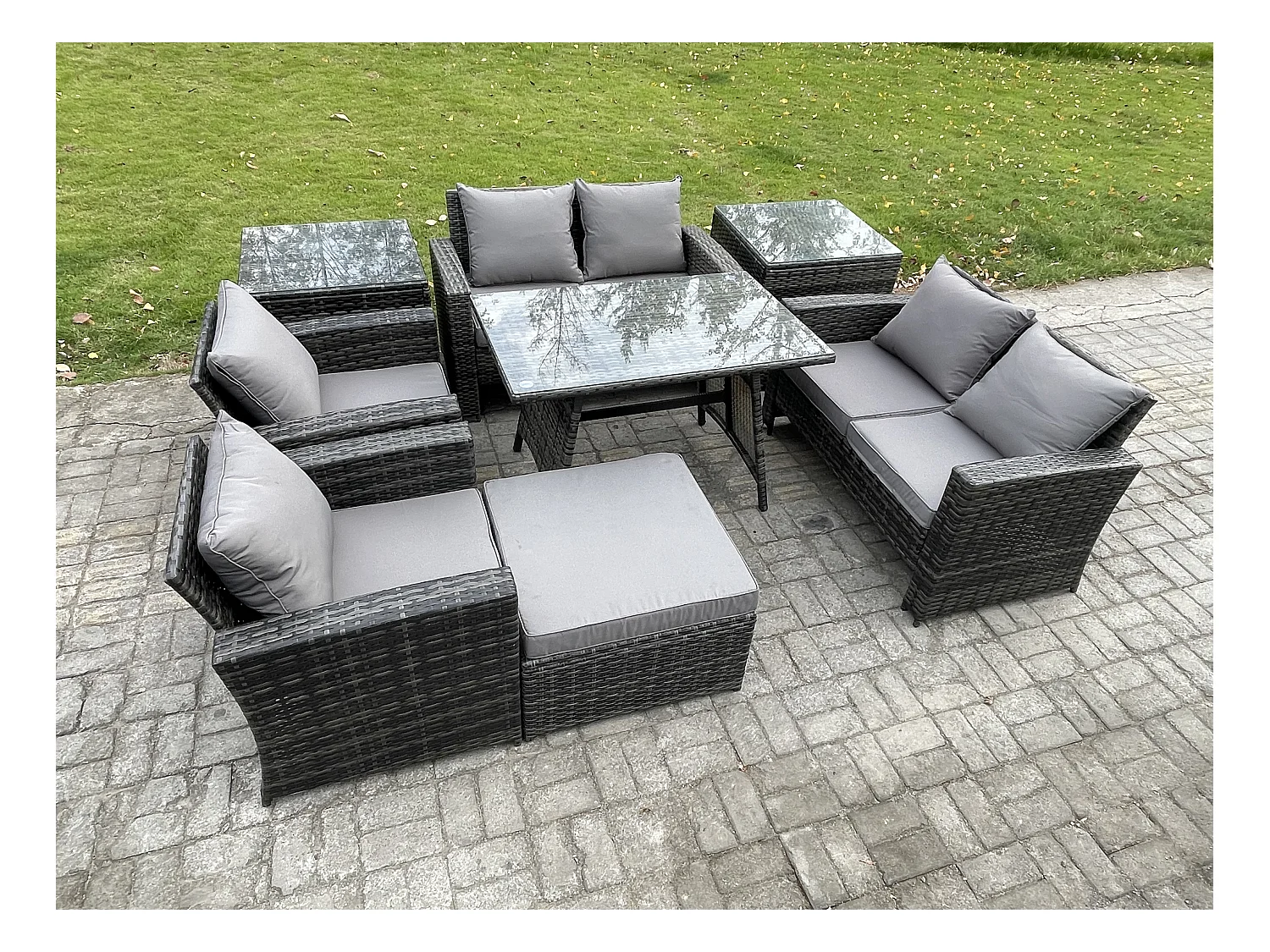 Polyrattan Gartenmöbel Set Polyrattan Garten Sofa im Freien Set mit Rechteckiger Esstisch Doppelsitz Sofa 2 Beistelltischen 2 Großer Hockern Dunkelgrau Gemischt