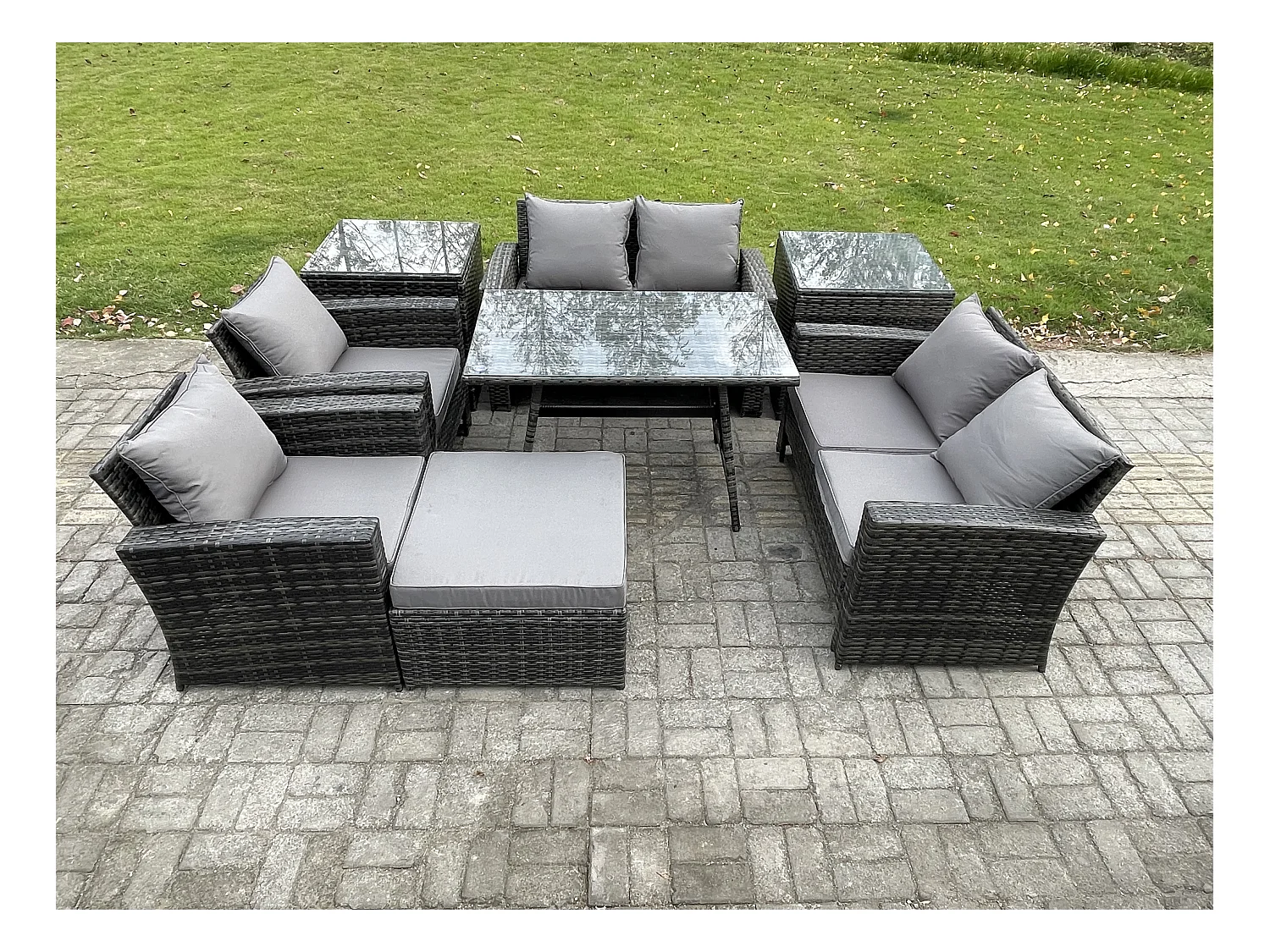 Polyrattan Gartenmöbel Set Polyrattan Garten Sofa im Freien Set mit Rechteckiger Esstisch Doppelsitz Sofa 2 Beistelltischen 2 Großer Hockern Dunkelgrau Gemischt