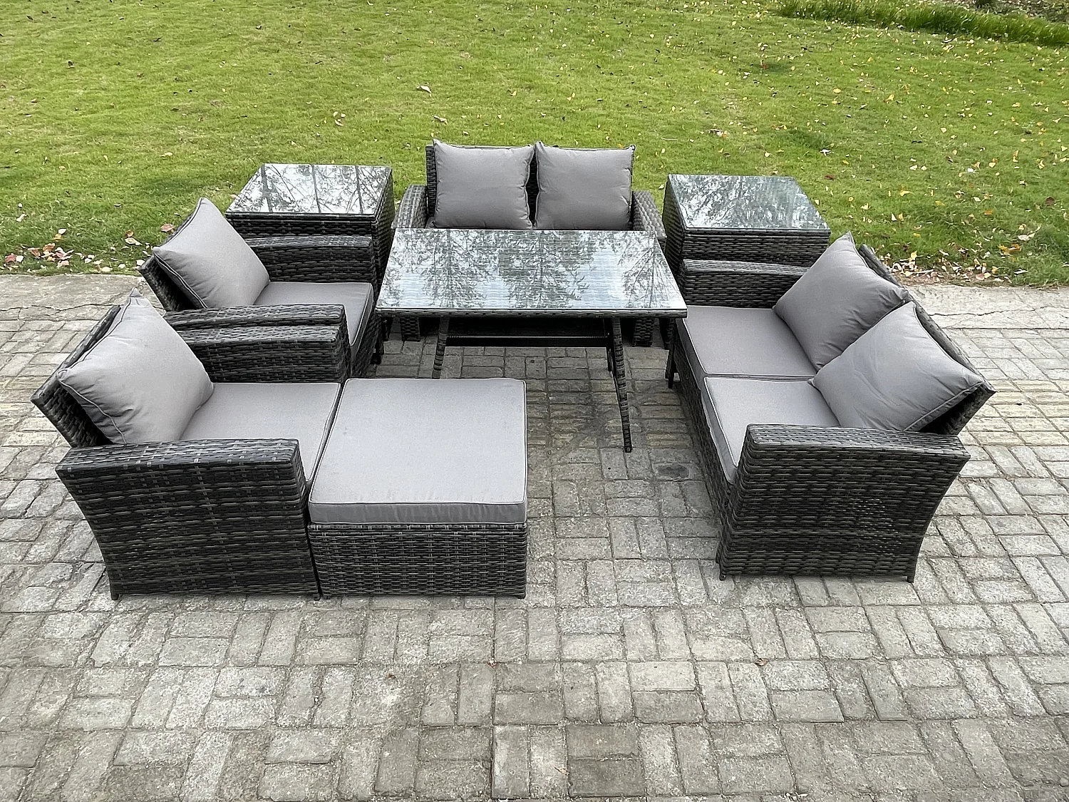 Polyrattan Gartenmöbel Set Polyrattan Garten Sofa im Freien Set mit Rechteckiger Esstisch Doppelsitz Sofa 2 Beistelltischen 2 Großer Hockern Dunkelgrau Gemischt