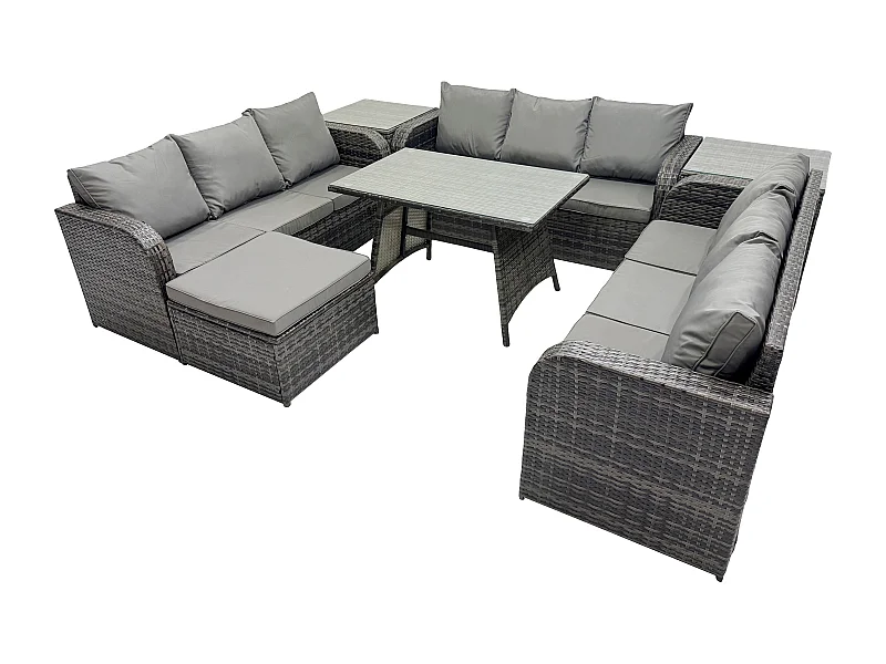 10-Sitzer Polyrattan Gartenmöbel Set mit Rechteckiger Esstisch 2 Beistelltischen 2 Großer Hockern Polyrattan Garten Sofa im Freien Set