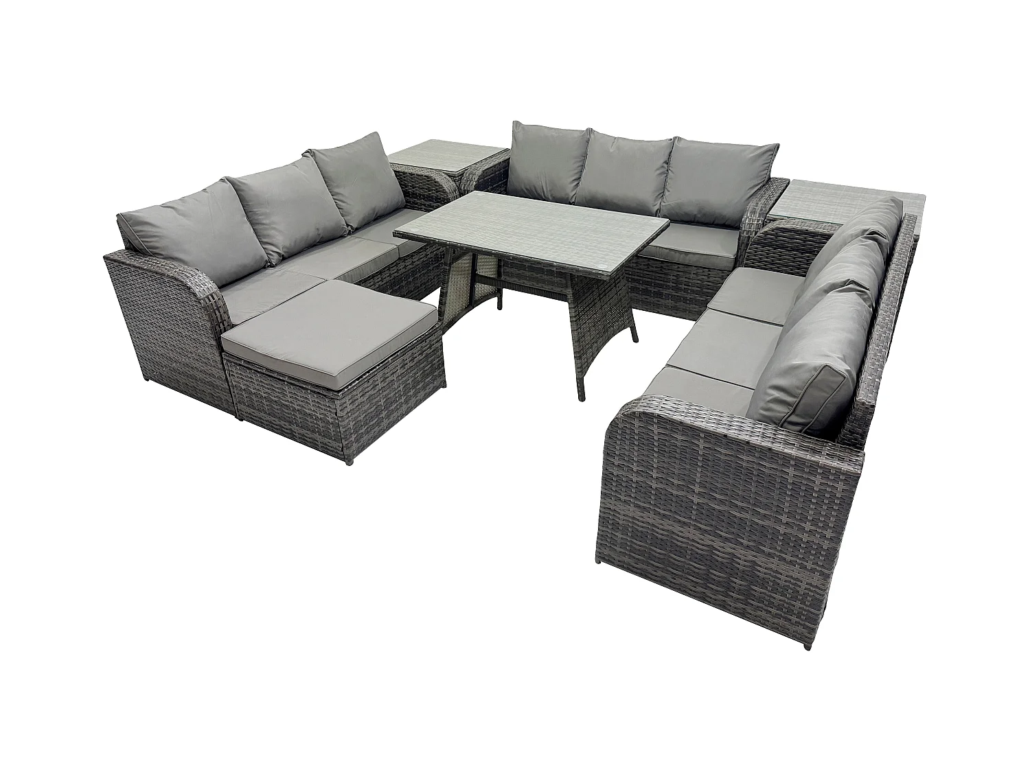 10-Sitzer Polyrattan Gartenmöbel Set mit Rechteckiger Esstisch 2 Beistelltischen 2 Großer Hockern Polyrattan Garten Sofa im Freien Set