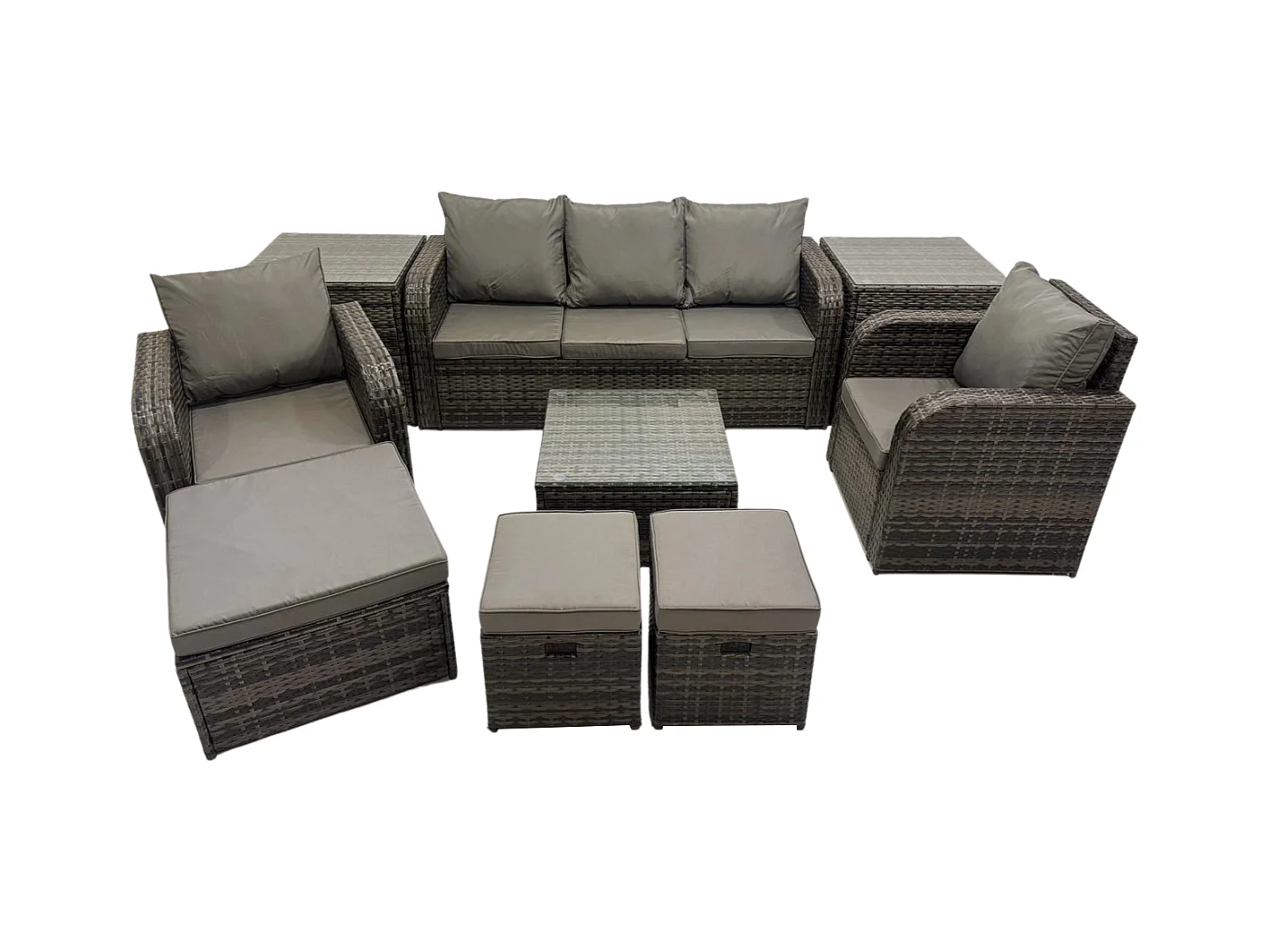 Rattan Gartenmöbel Set im Balkon 8-Sitzer Garten Sofa Set mit Quadratischer Couchtisch 2 Beistelltischen 3 Hockern