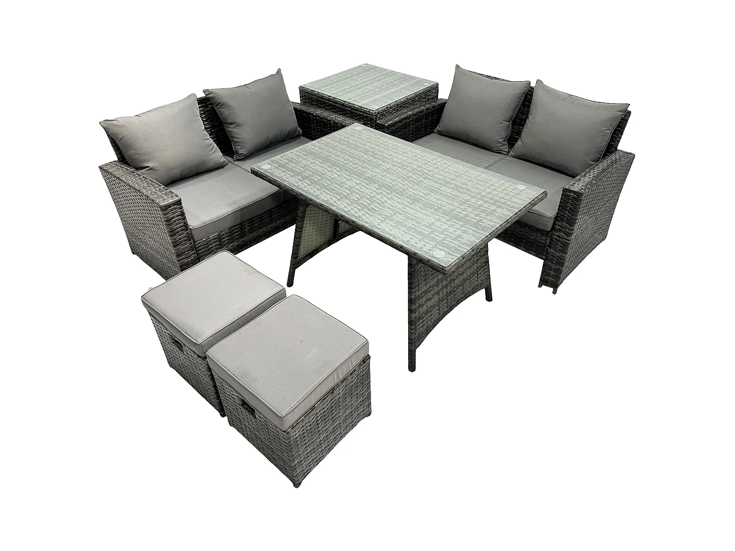 Gartenmöbelset 6 Stücke Polyrattan Garten Sofa im Freien mit Beistelltisch 2 kleine Fußhockern Dunkelgrau Gemischt