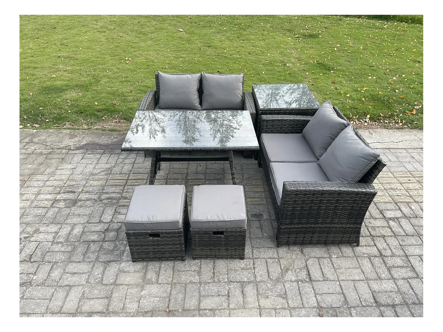 Gartenmöbelset 6 Stücke Polyrattan Garten Sofa im Freien mit Beistelltisch 2 kleine Fußhockern Dunkelgrau Gemischt