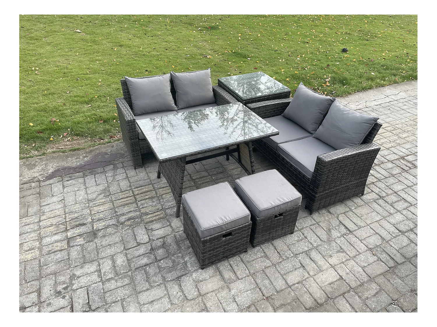 Gartenmöbelset 6 Stücke Polyrattan Garten Sofa im Freien mit Beistelltisch 2 kleine Fußhockern Dunkelgrau Gemischt