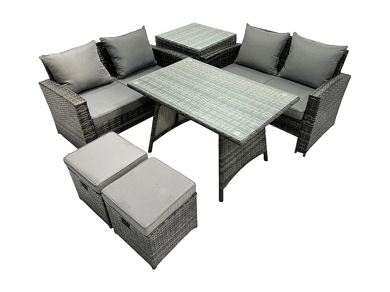 Gartenmöbelset 6 Stücke Polyrattan Garten Sofa im Freien mit Beistelltisch 2 kleine Fußhockern Dunkelgrau Gemischt