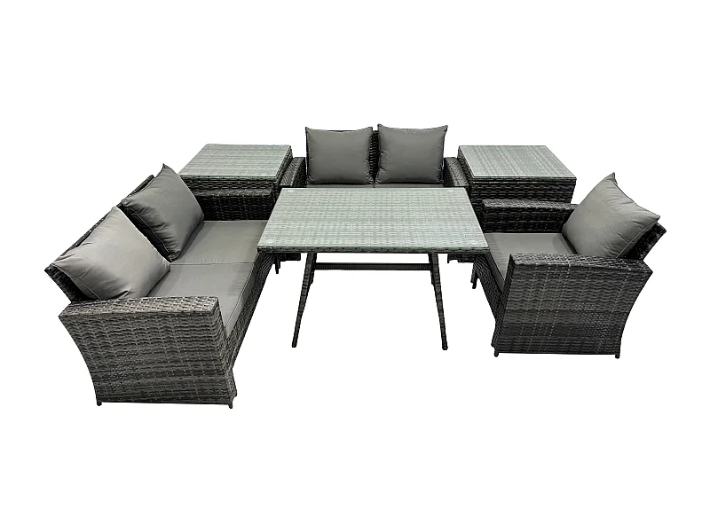Polyrattan Garten Esstisch Set Gartenmöbel Sofa mit Rechteckiger Esstisch Loveseat Sofa 2 Beistelltischen Dunkelgrau Gemischt