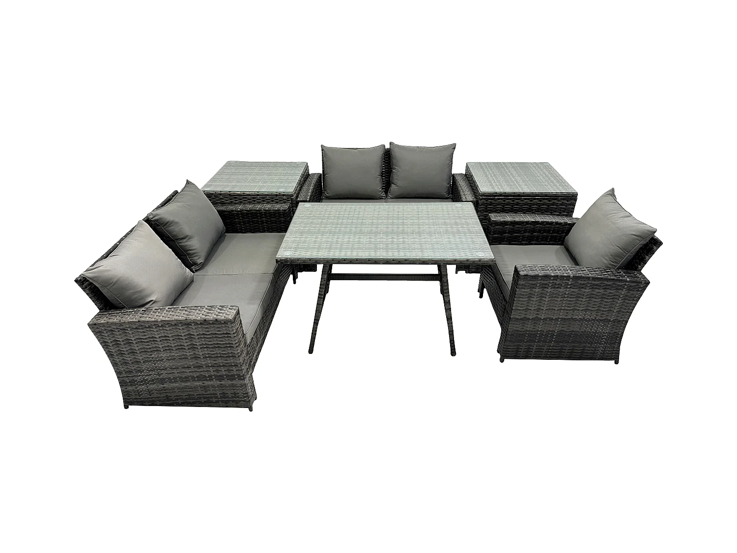 Polyrattan Garten Esstisch Set Gartenmöbel Sofa mit Rechteckiger Esstisch Loveseat Sofa 2 Beistelltischen Dunkelgrau Gemischt