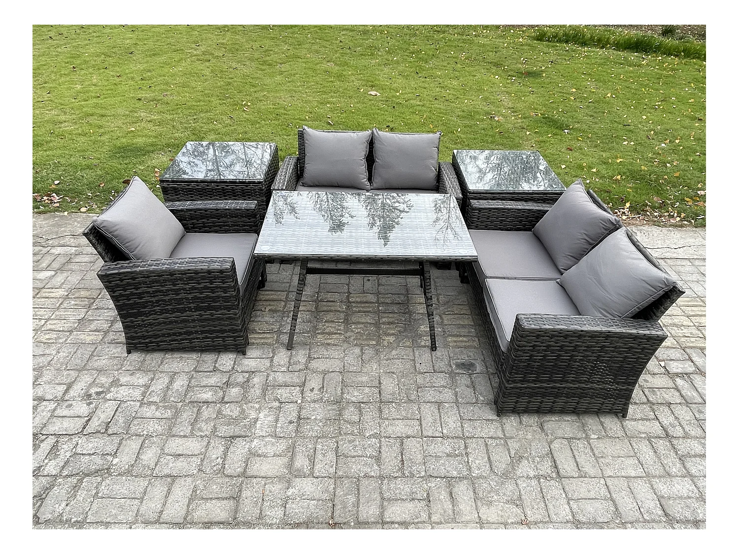 Polyrattan Garten Esstisch Set Gartenmöbel Sofa mit Rechteckiger Esstisch Loveseat Sofa 2 Beistelltischen Dunkelgrau Gemischt