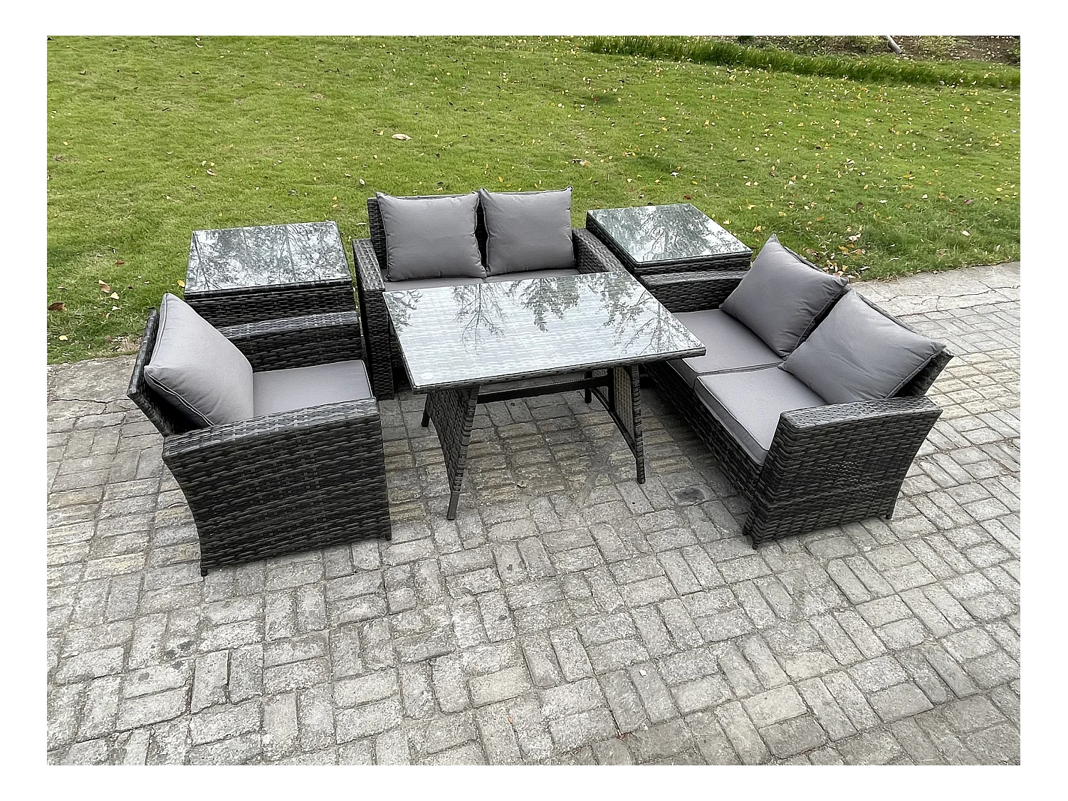Polyrattan Garten Esstisch Set Gartenmöbel Sofa mit Rechteckiger Esstisch Loveseat Sofa 2 Beistelltischen Dunkelgrau Gemischt