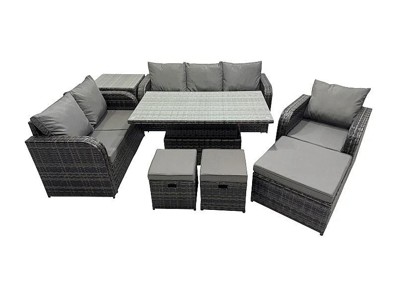Gartenmöbel Lounge Sofa Set Patio höhenverstellbarer Tisch Liegestühle Sofa mit Beistelltisch 3 Hockern Dunkelgrau Gemischt