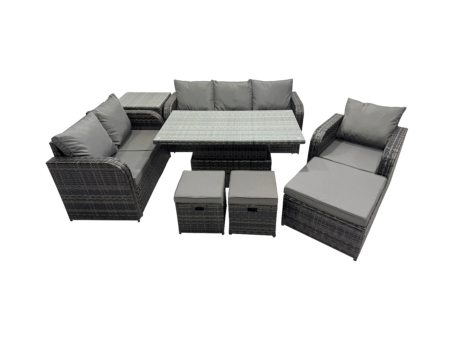 Gartenmöbel Lounge Sofa Set Patio höhenverstellbarer Tisch Liegestühle Sofa mit Beistelltisch 3 Hockern Dunkelgrau Gemischt