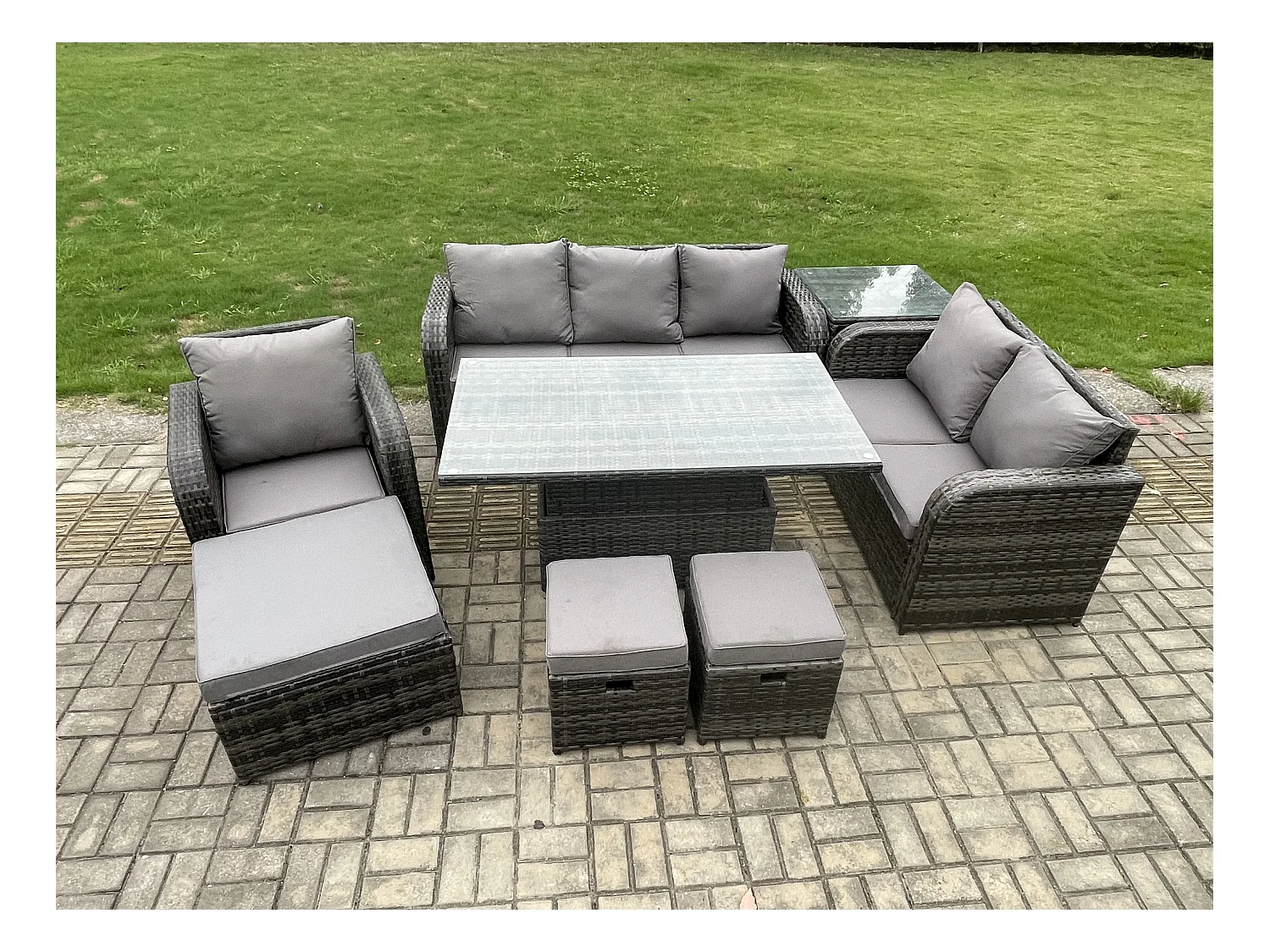 Gartenmöbel Lounge Sofa Set Patio höhenverstellbarer Tisch Liegestühle Sofa mit Beistelltisch 3 Hockern Dunkelgrau Gemischt