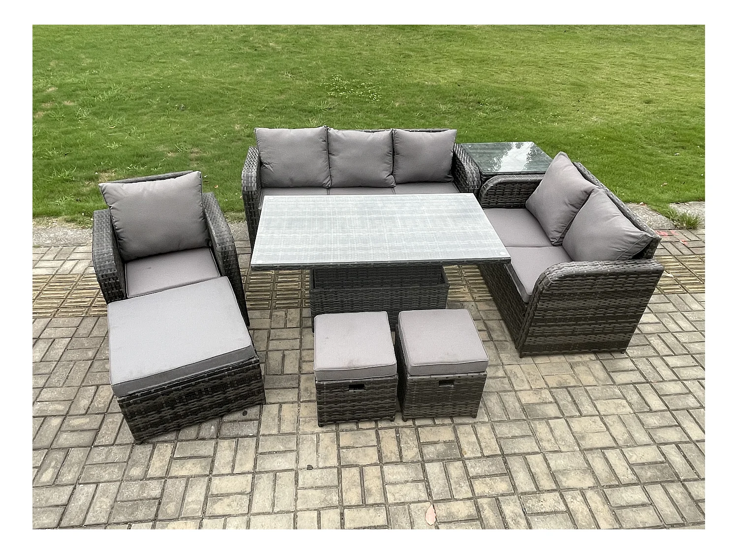 Gartenmöbel Lounge Sofa Set Patio höhenverstellbarer Tisch Liegestühle Sofa mit Beistelltisch 3 Hockern Dunkelgrau Gemischt