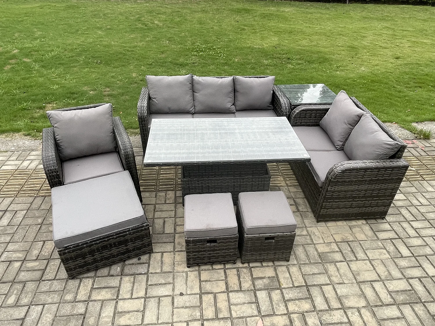 Gartenmöbel Lounge Sofa Set Patio höhenverstellbarer Tisch Liegestühle Sofa mit Beistelltisch 3 Hockern Dunkelgrau Gemischt