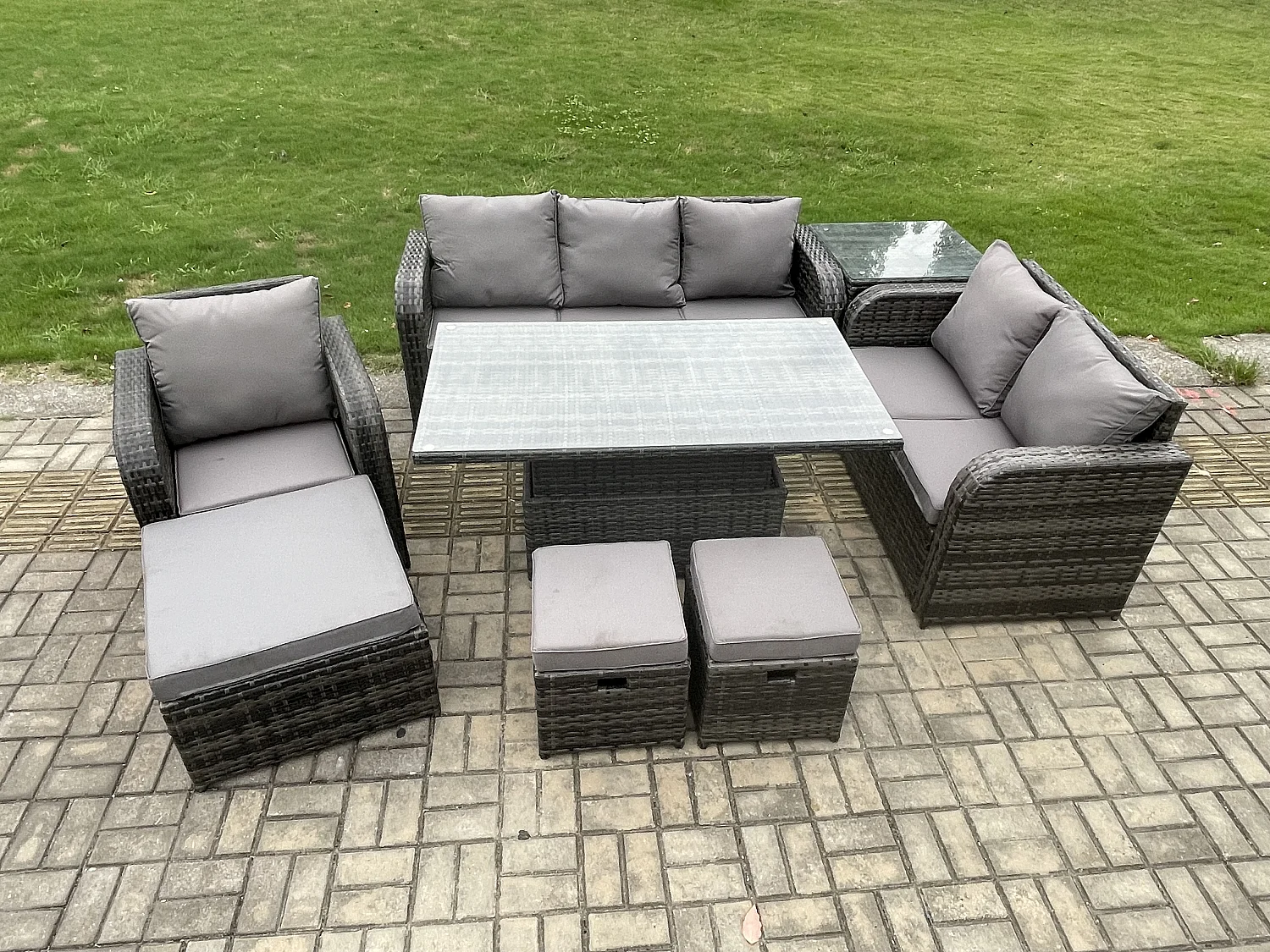 Gartenmöbel Lounge Sofa Set Patio höhenverstellbarer Tisch Liegestühle Sofa mit Beistelltisch 3 Hockern Dunkelgrau Gemischt